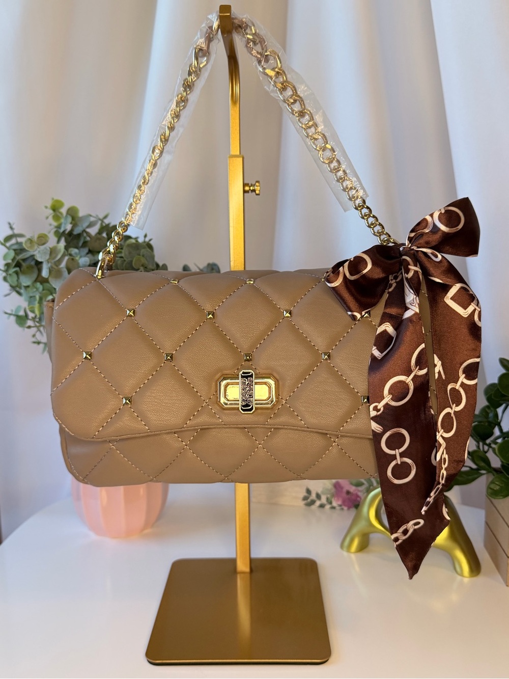 Badgley Mischka Quilted Taupe Shoulder Bag with Gold Chain and Scarf